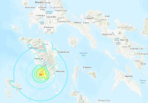 中國僑網(wǎng)菲律賓民都洛島附近海域發(fā)生5.7級地震。(圖片來源:美國地質(zhì)勘探局網(wǎng)站截圖)