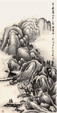 中國僑網(wǎng)深山讀書圖(138cm*69cm 紙本水墨)-岑全遠(美國)-2012