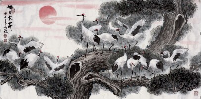 中國僑網(wǎng)旭日東升(137cm*68cm 紙本設(shè)色)-鄧文新(埃及)-2014