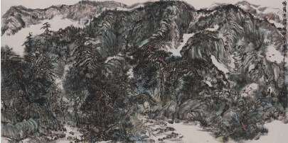 中國僑網(wǎng)帕薩迪納伊頓峽谷夕照圖(69cm*138cm 紙本水墨)-洪波(美國)-2014