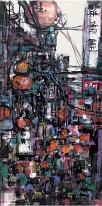 中國(guó)僑網(wǎng)橫濱中華街(138cm*70cm 紙本設(shè)色)-金醒石(日本)-2007