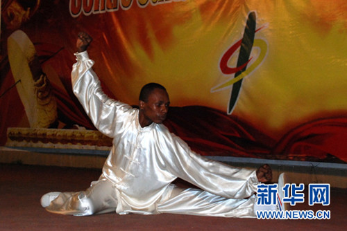 中國僑網(wǎng)貝寧武術(shù)聯(lián)合會學員表演太極拳。(曹肅 攝)