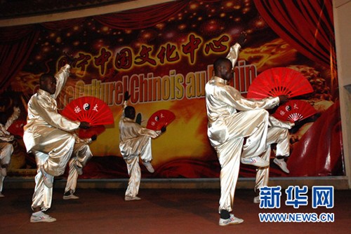 中國僑網(wǎng)貝寧中國文化中心學員表演太極扇。 (曹肅 攝)