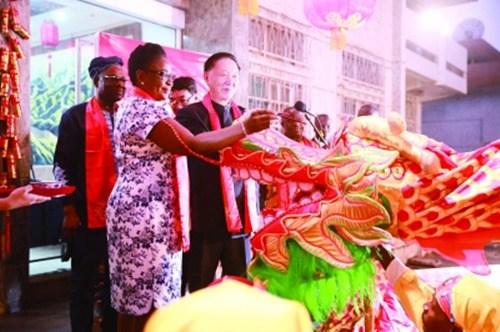 中國僑網(wǎng)中國駐貝寧大使刁鳴生與貝寧總統(tǒng)夫人共同為舞龍點睛