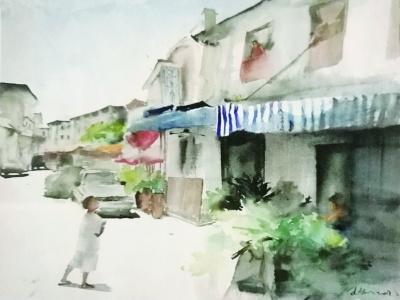 中國僑網(wǎng)王釗水彩作品《石頭城的孩子》