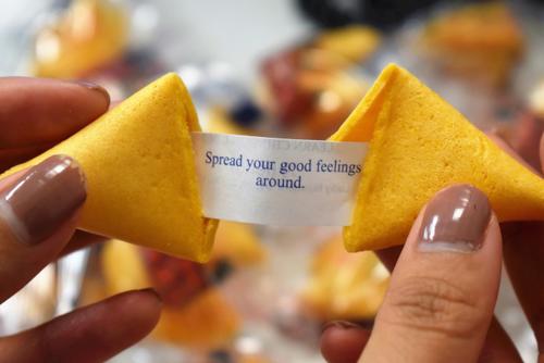 中國僑網(wǎng)簽語餅的簽文內(nèi)容五花八門。(美國《世界日報》/顏嘉瑩 攝)